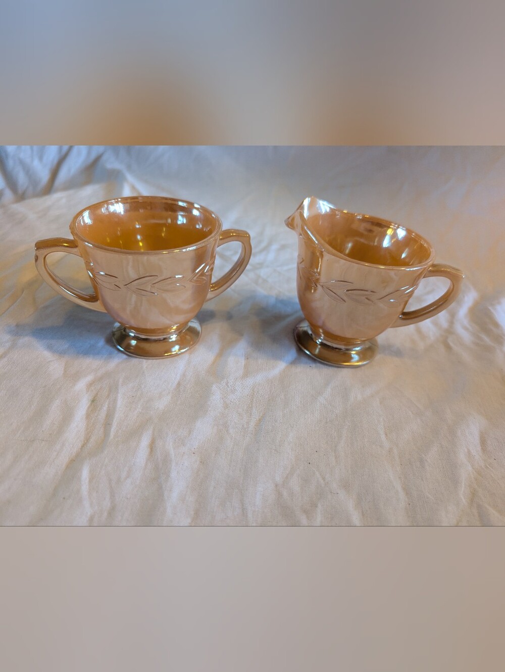 2/40$ Fire King Peach Iridescent Creamer and Sugar Set with Leaf Band